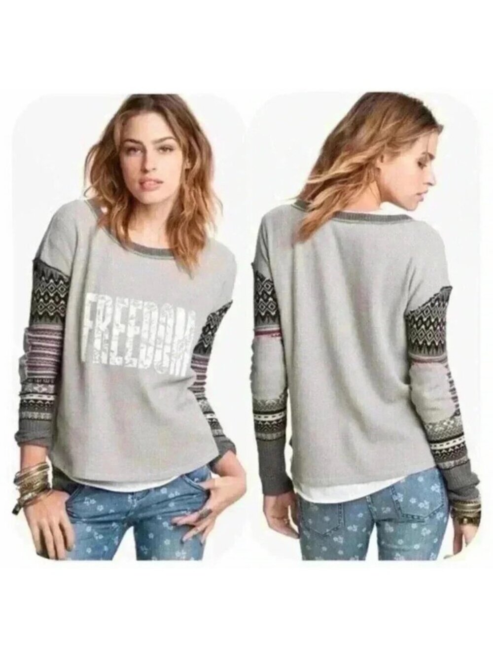 We The Free Womens Freedom Thermal Long Sleeve Shirt Sz Medium Gray Waffle Knit